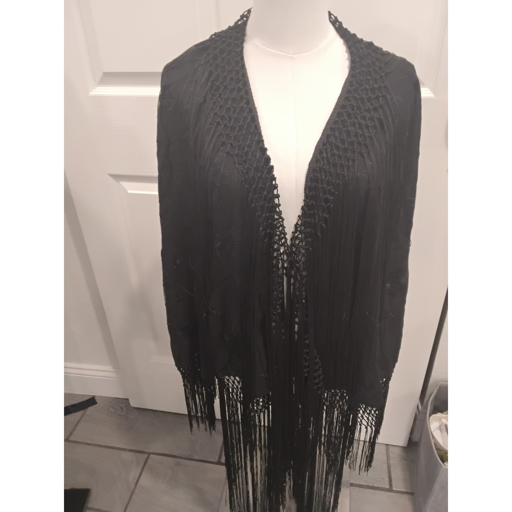 Free People Piano Duster Black Floral Embroidered Macrame Fringe Kimono New